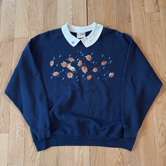 morning sun Sweaters - Vntg Morning Sun Petite Large Navy Falling Leaves Mouse Collared Grandma Sweater